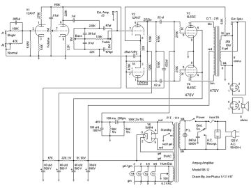 Ampeg SB12 ;6L6 version schematic circuit diagram